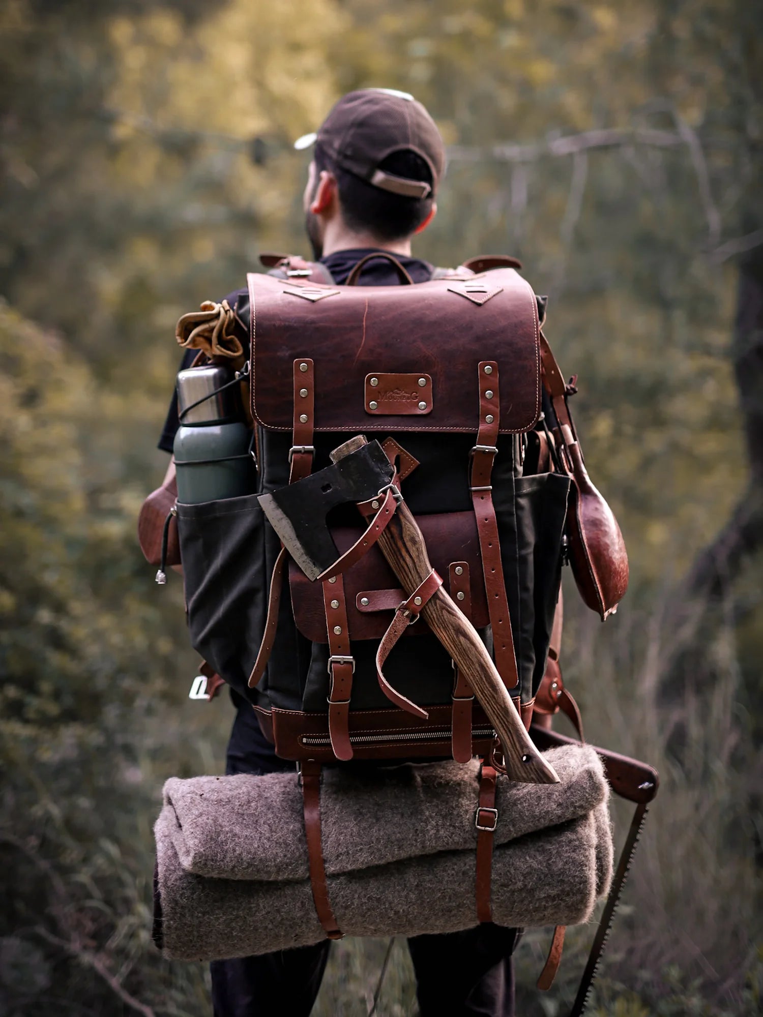 Amanos Hakiki Deri Mumlu Kanvas El Yapımı Bushcraft Çantası