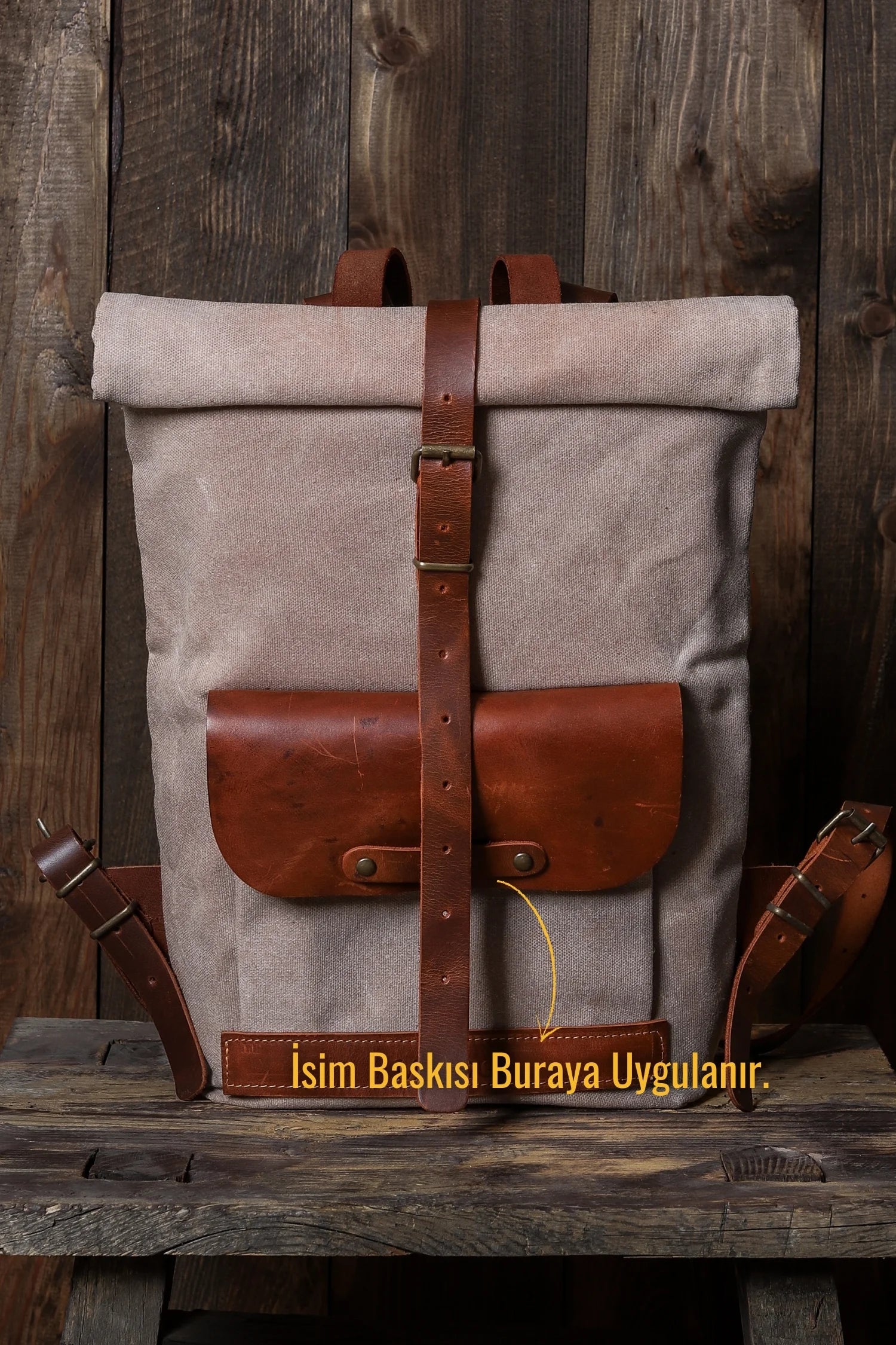 Rollbag El Yapımı Hakiki Deri Mumlu Kanvas Sırt Çantası - Bej