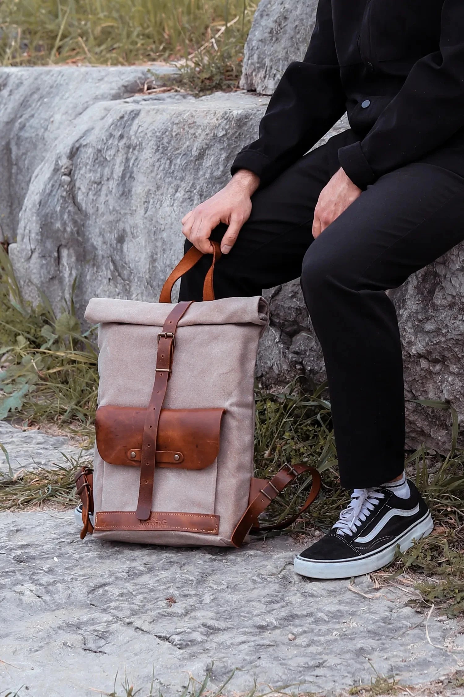 Rollbag El Yapımı Hakiki Deri Mumlu Kanvas Sırt Çantası - Bej