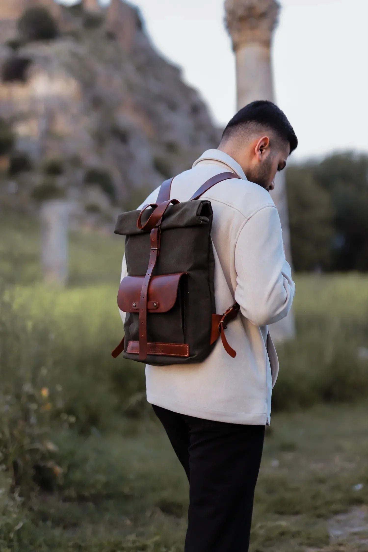 Rollbag El Yapımı Hakiki Deri Mumlu Kanvas Sırt Çantası - Koyu Haki