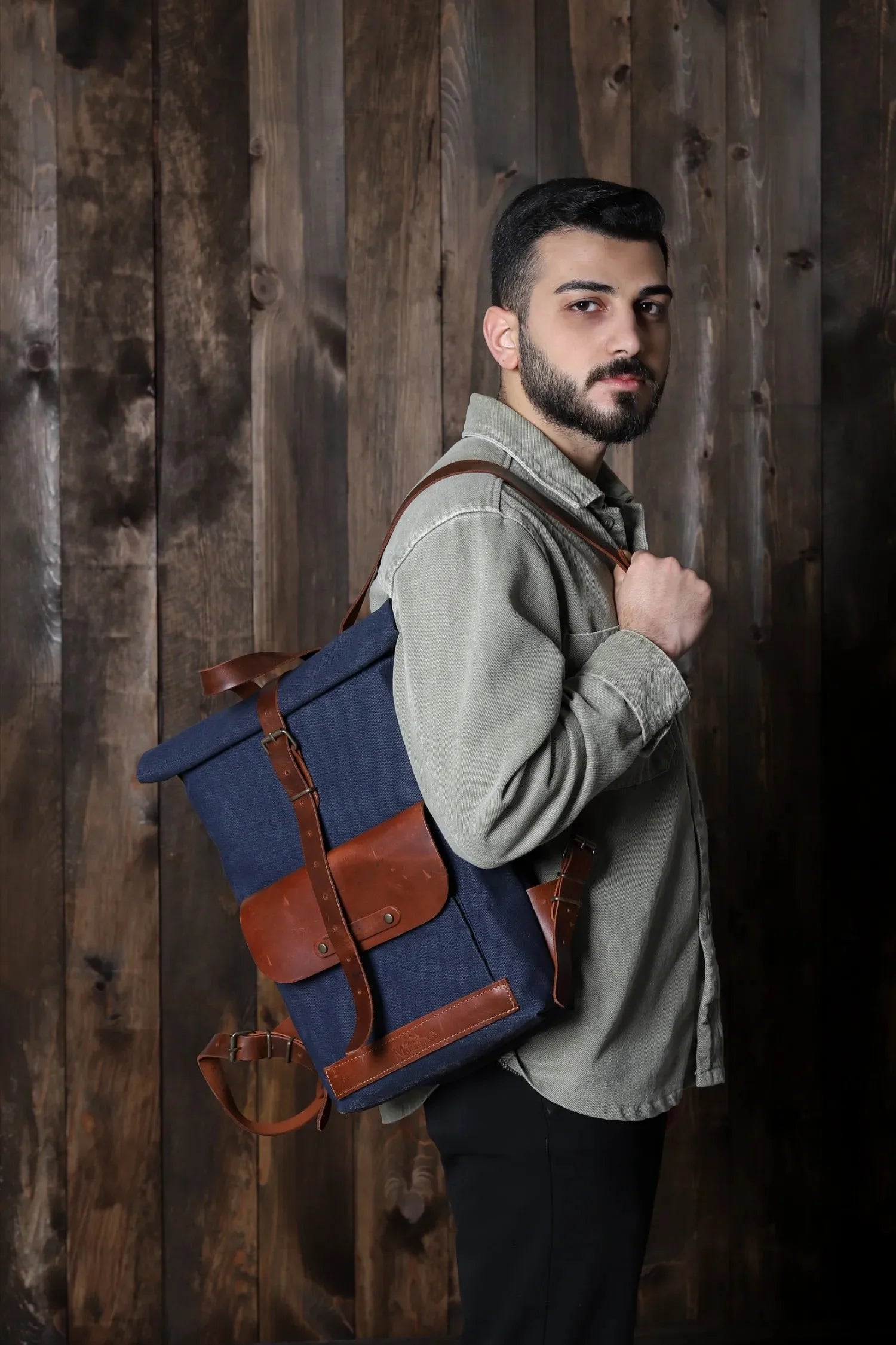 Rollbag El Yapımı Hakiki Deri Mumlu Kanvas Sırt Çantası - Lacivert